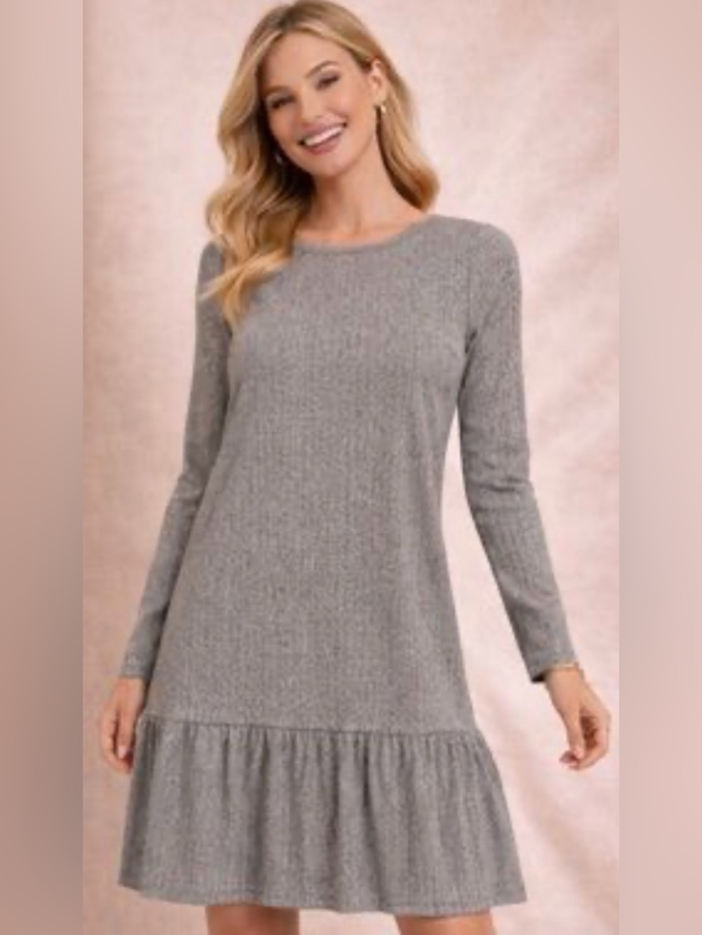 LOFT Gray Herringbone Ruffle-Hem Long Sleeve Dress